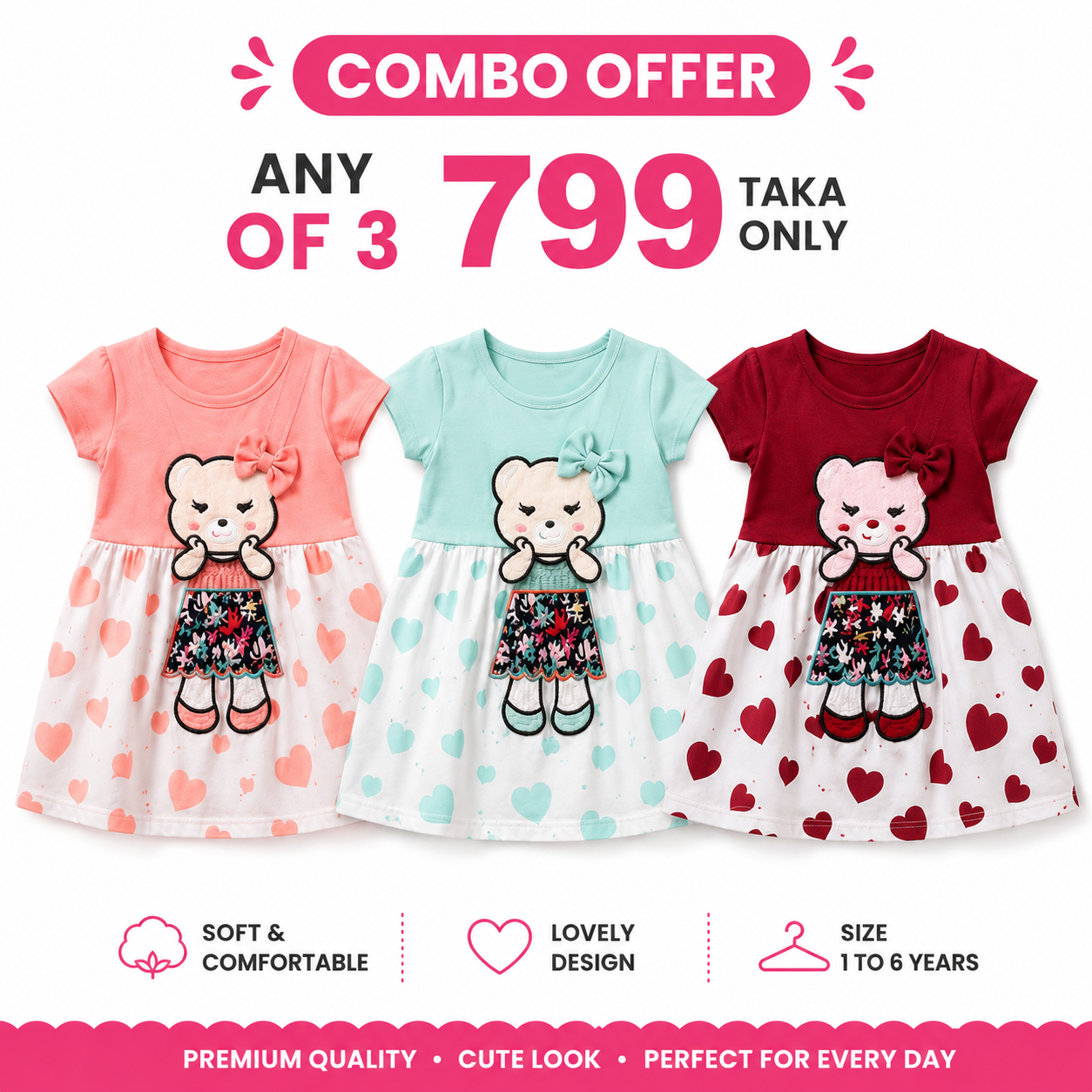 Pick any 3 adorable frocks for only 799 Taka!