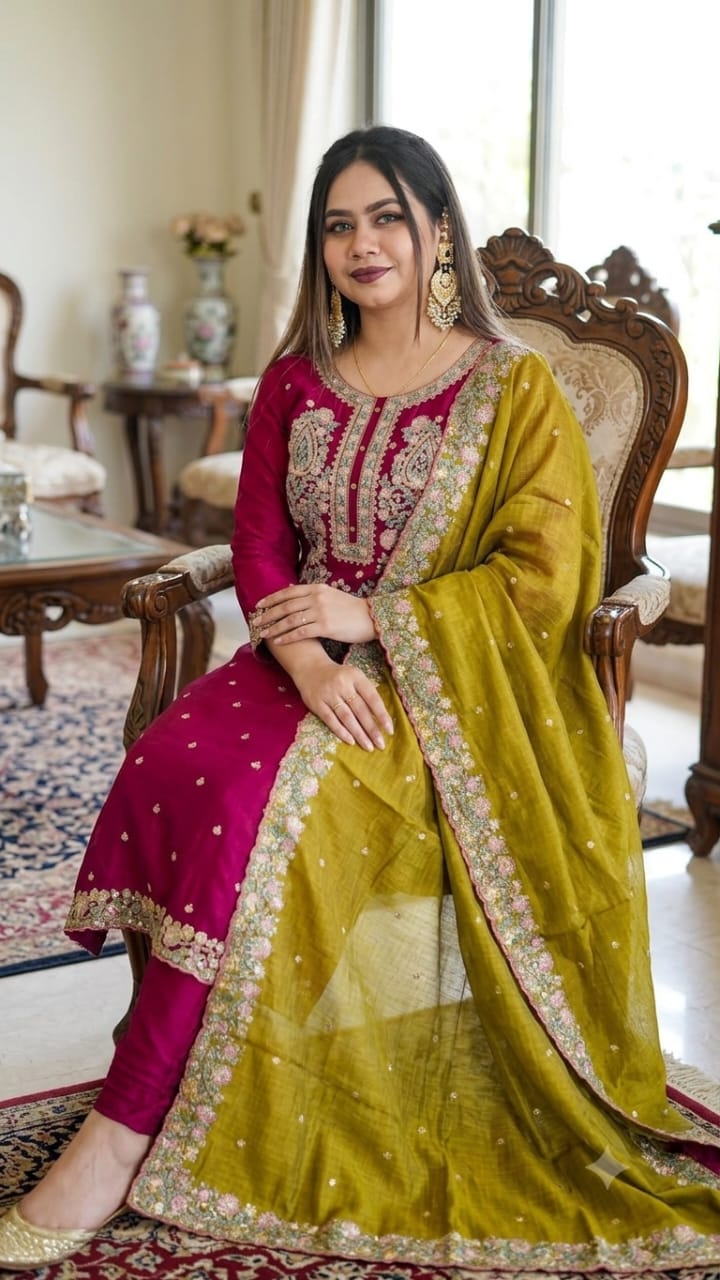 Premium Sequence Embroidery Three Piece- Maroon
