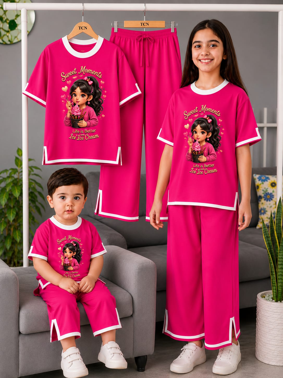 Girls Half Sleeve T-Shirt & Pant Set Deep Pink