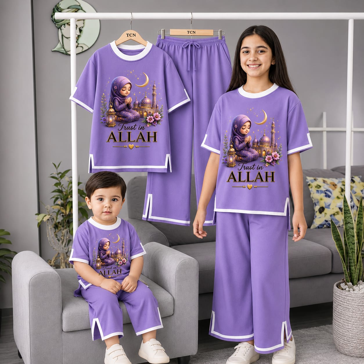 Girls Half Sleeve T-Shirt & Pant Set Mustard Purple