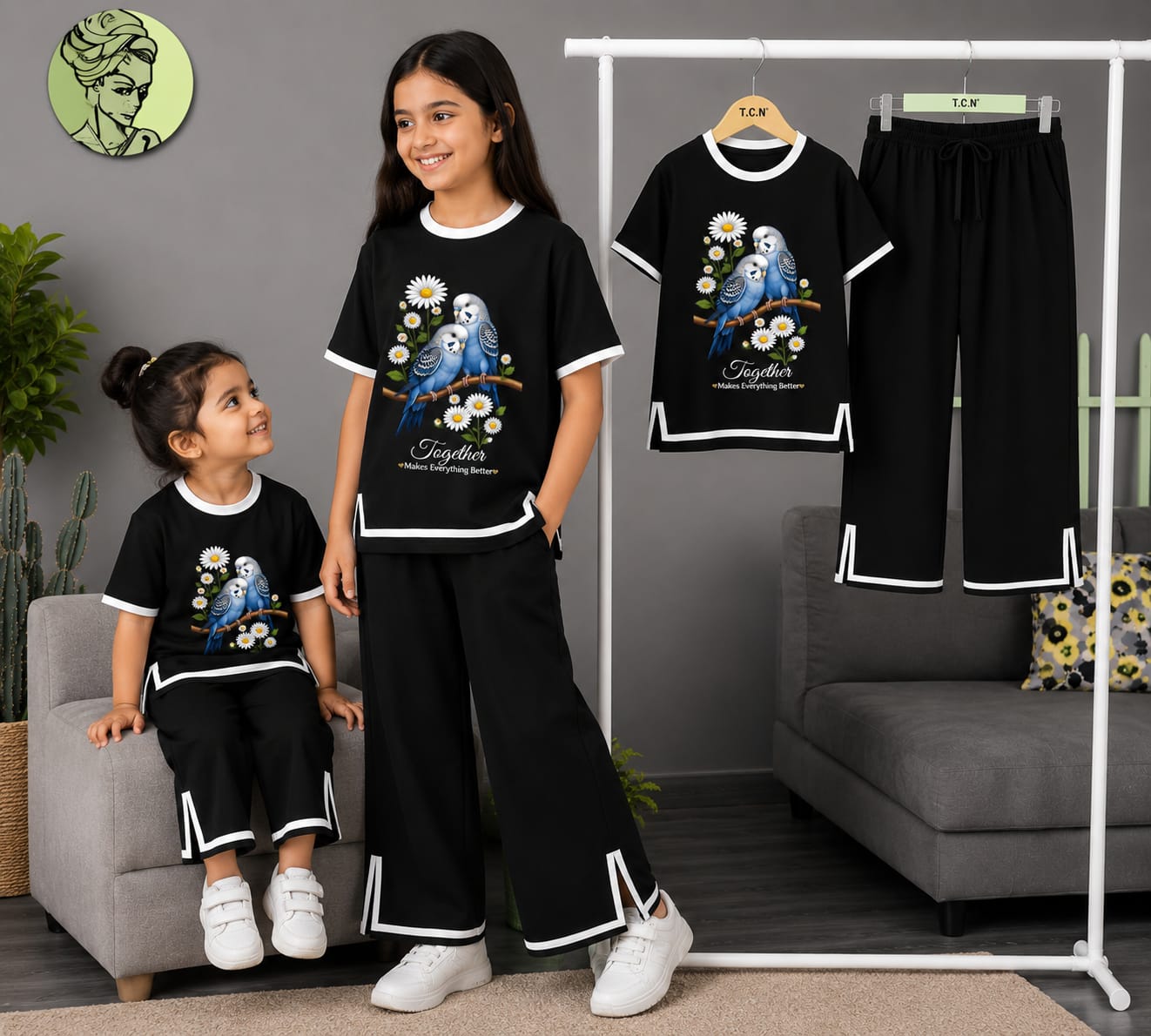 Girls Half Sleeve T-Shirt & Pant Set Black