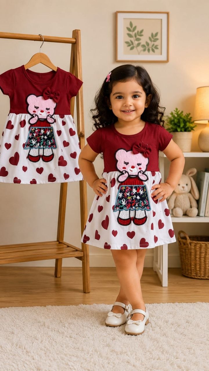 Girls Maroon Teddy Bear Print Cotton Frock Dress | Soft & Comfortable Party Wear (1–10Years)
