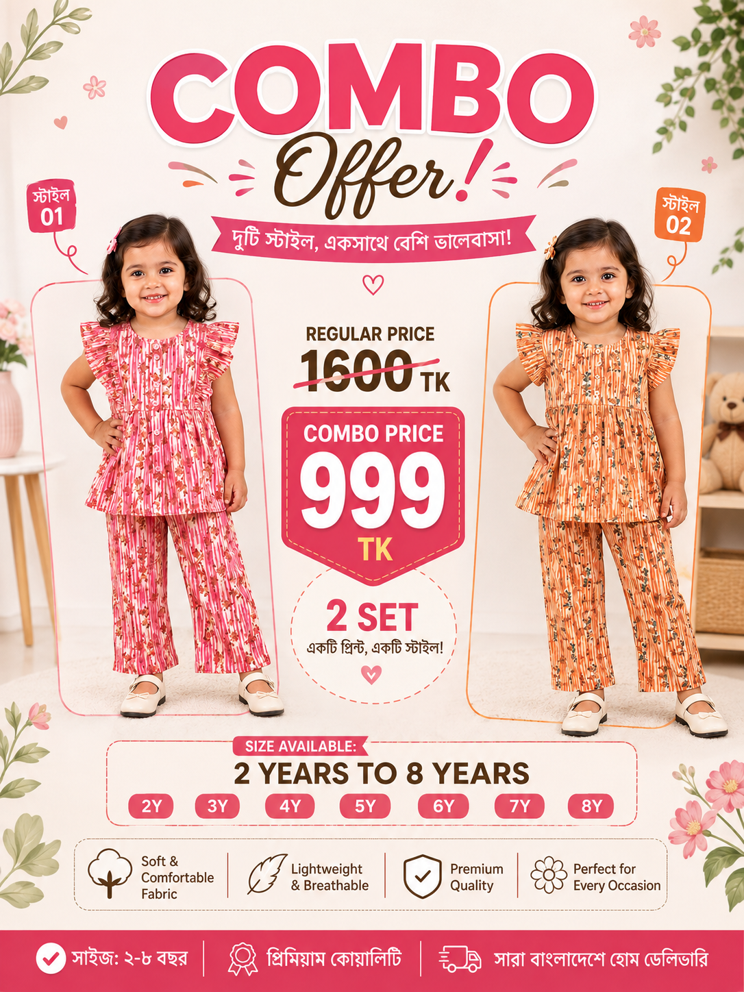 LC Waikiki Girls Fancy Top & Bottom Set | 100% Cotton Woven Fabric | Imported