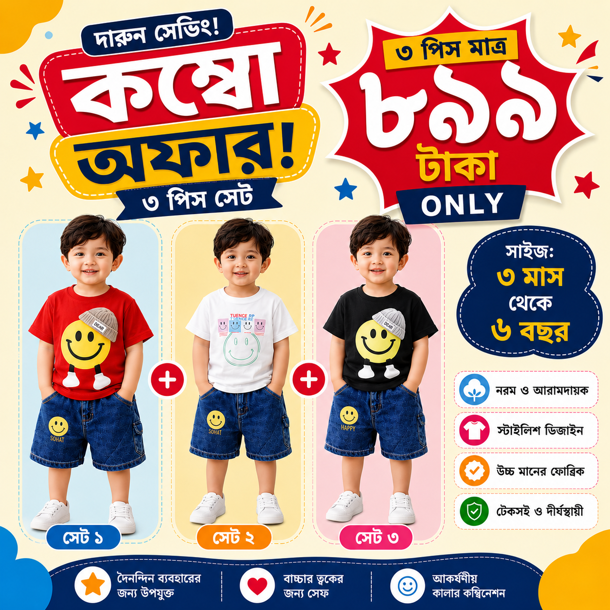 Kids Premium Cotton T-Shirt Combo Pack (3 Pcs) – Soft & Comfortable | 3 Months to 6 Years