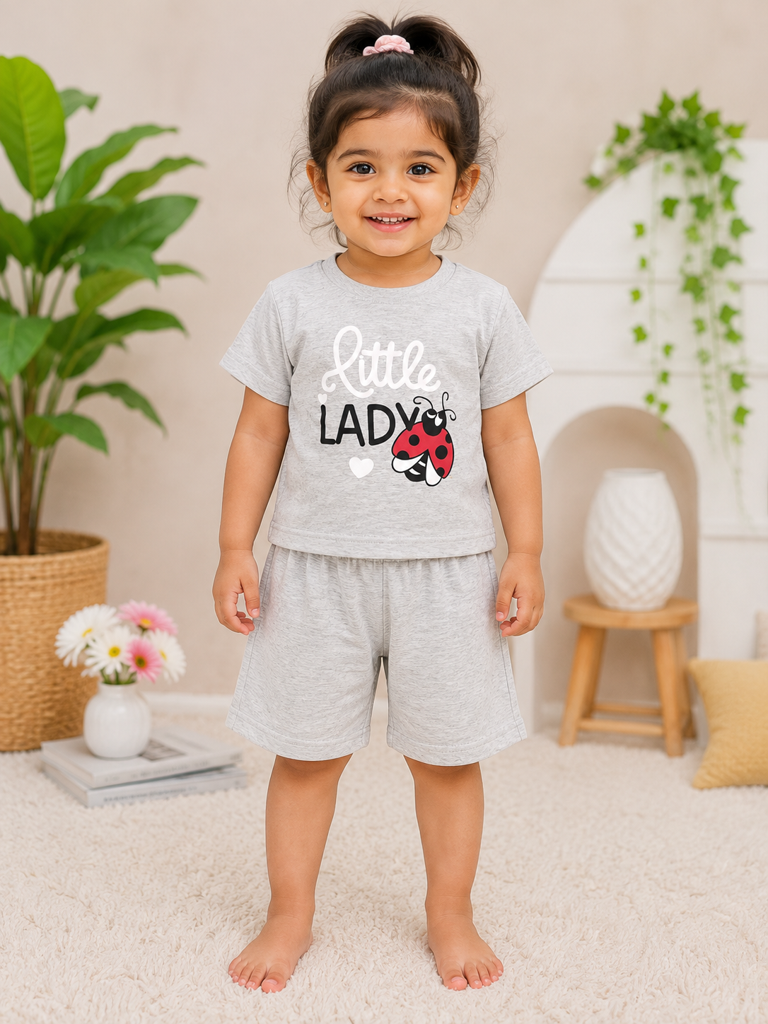 Girls Little Lady Ladybug Print T-Shirt & Shorts Set – Grey