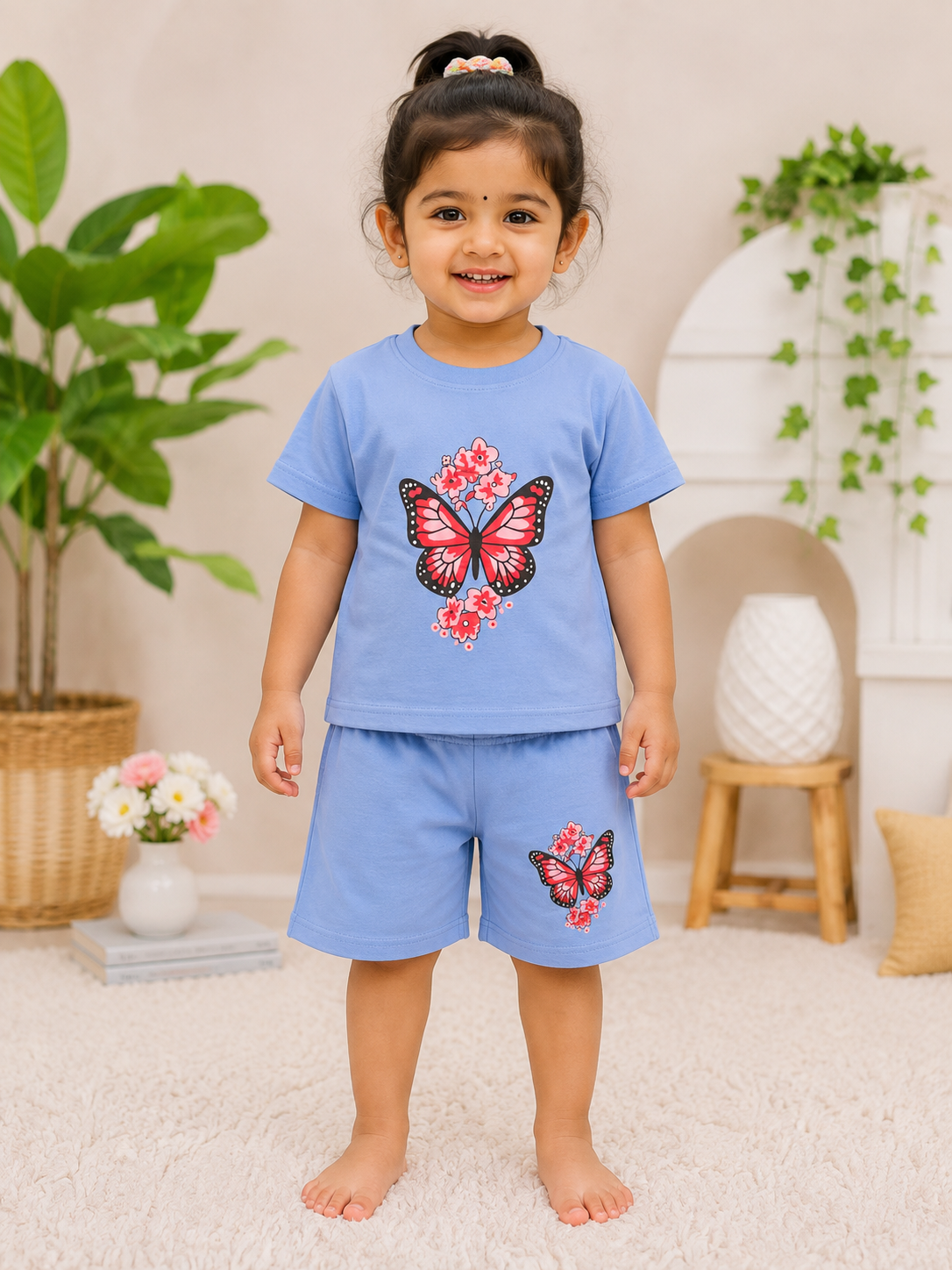 Girls Butterfly Print T-Shirt & Shorts Set – Sky Blue