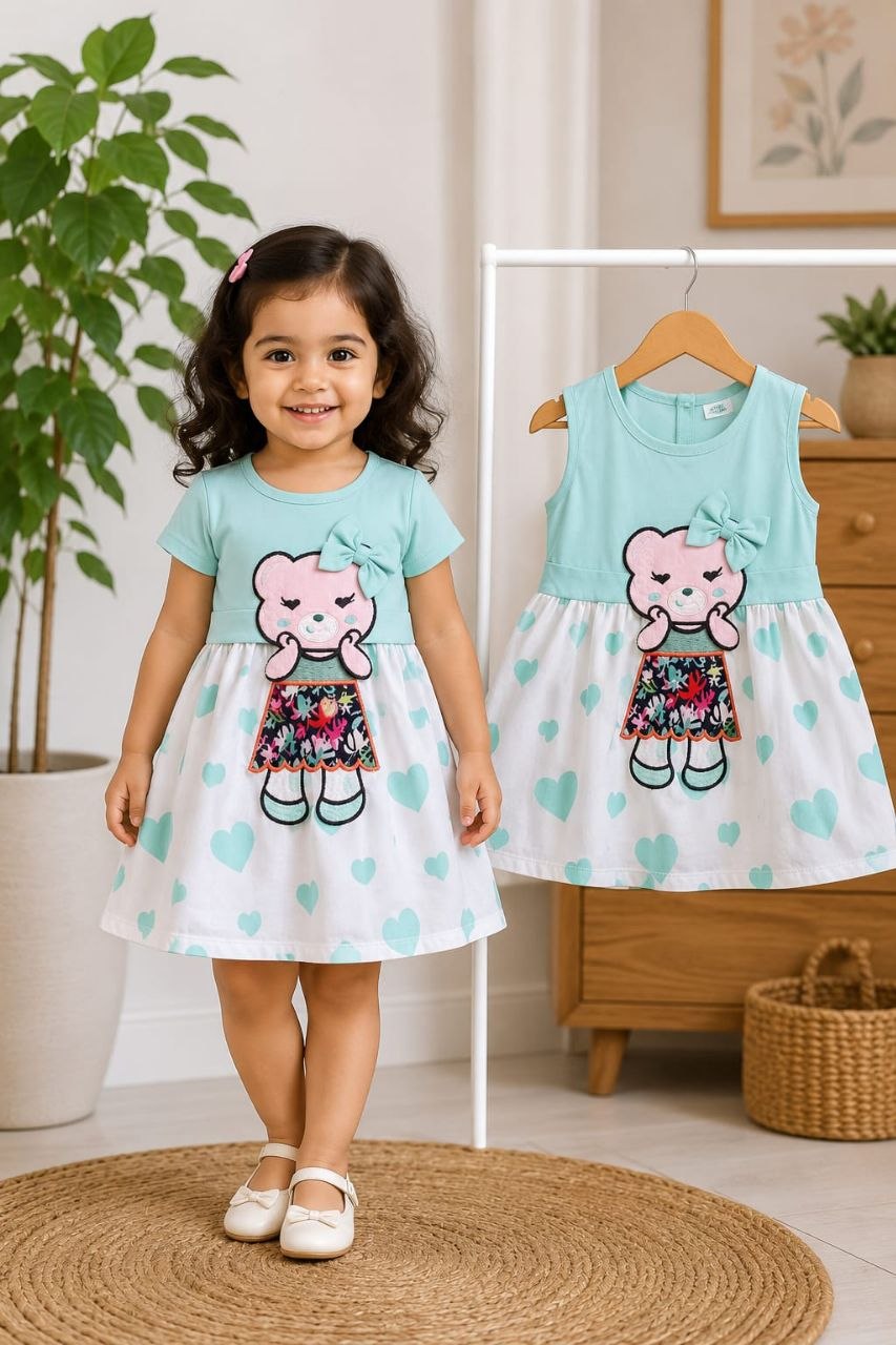 Girls SkyBlue Teddy Bear Print Cotton Frock Dress | Soft & Comfortable Party Wear (1–10Years) (Copy)