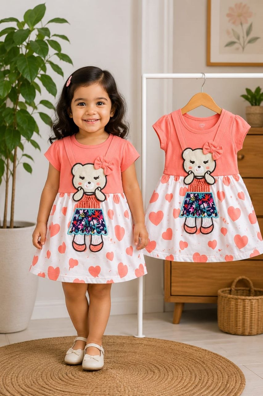 Girls BabyPink Teddy Bear Print Cotton Frock Dress | Soft & Comfortable Party Wear (1–10Years) (Copy 2)