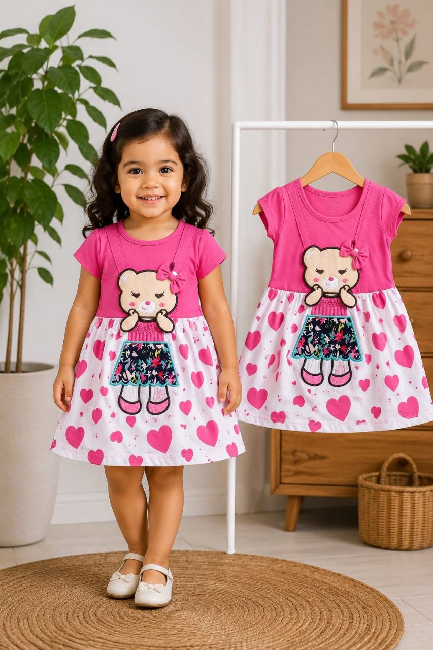 Girls DarkPink Teddy Bear Print Cotton Frock Dress | Soft & Comfortable Party Wear (1–10Years) (Copy)