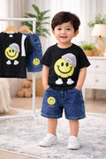 Kids Smiley Face T-Shirt & Denim Shorts Set – Black Summer Outfit (1-6 Years)