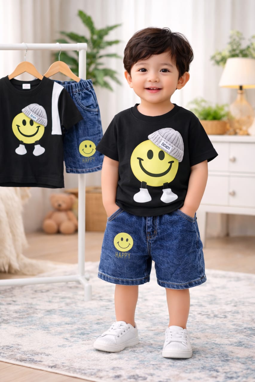 Kids Smiley Face T-Shirt & Denim Shorts Set – Black Summer Outfit (1-6 Years)