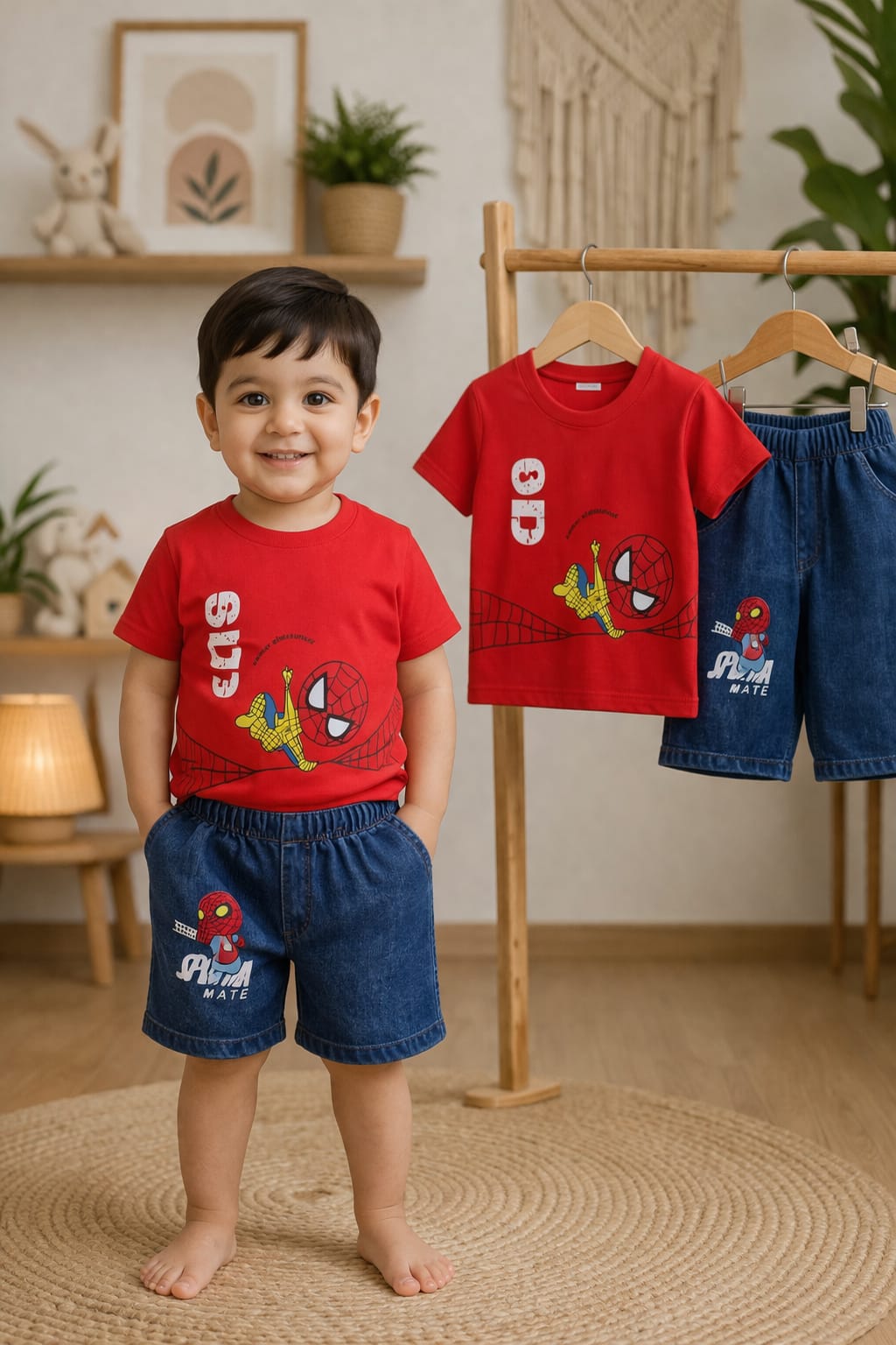 Kids Spider Hero T-Shirt & Denim Shorts Set – Red Summer Outfit (1-6 Years)