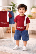Kids Color Block T-Shirt & Denim Cargo Shorts Set – Maroon Summer Outfit (1-6 Years)