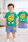 Kids Smiley Face T-Shirt & Denim Shorts Set – Green Summer Outfit (1-6 Years)