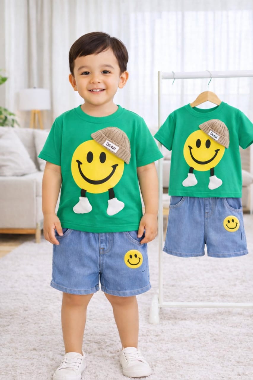 Kids Smiley Face T-Shirt & Denim Shorts Set – Green Summer Outfit (1-6 Years)