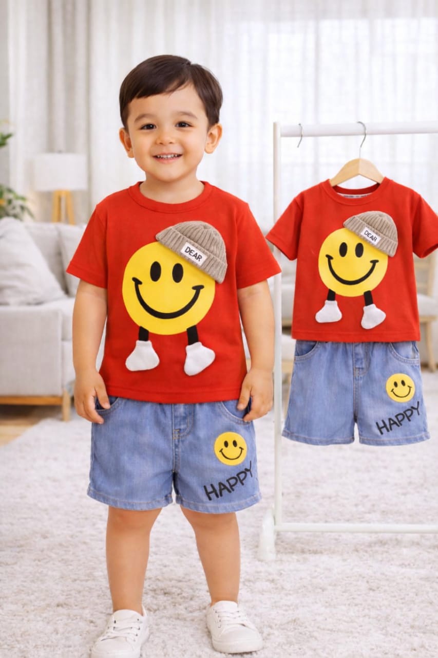 Kids Smiley Face T-Shirt & Denim Shorts Set – Red Summer Outfit (1-6 Years)