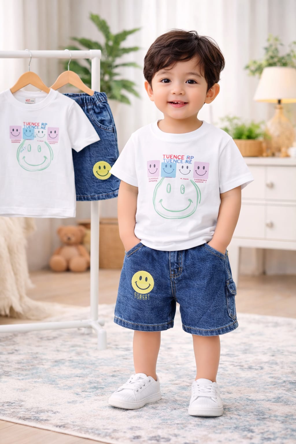 Kids Smiley Print T-Shirt & Denim Cargo Shorts Set – White Summer Outfit (1-6 Years)