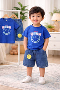 Kids Smiley Print T-Shirt & Denim Shorts Set – Royal Blue Summer Outfit (1-6 Years)