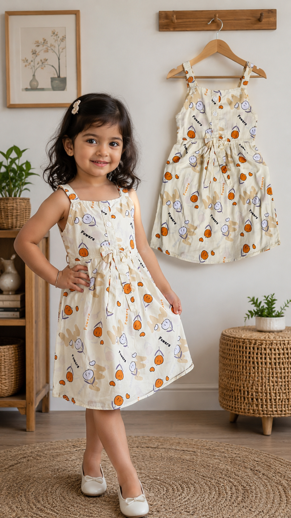 Girls Pink Printed Cotton Frock Dress with Bow Belt – Cute Party & Casual Wear
