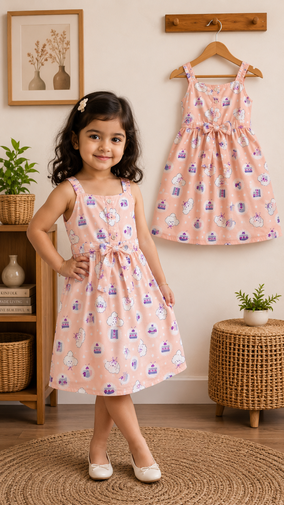 Girls Peach Printed Frock Dress with Bow Belt – Cute Baby & Kids Party Dress