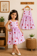 Girls Pink Printed Cotton Frock Dress with Bow Belt – Cute Party & Casual Wear