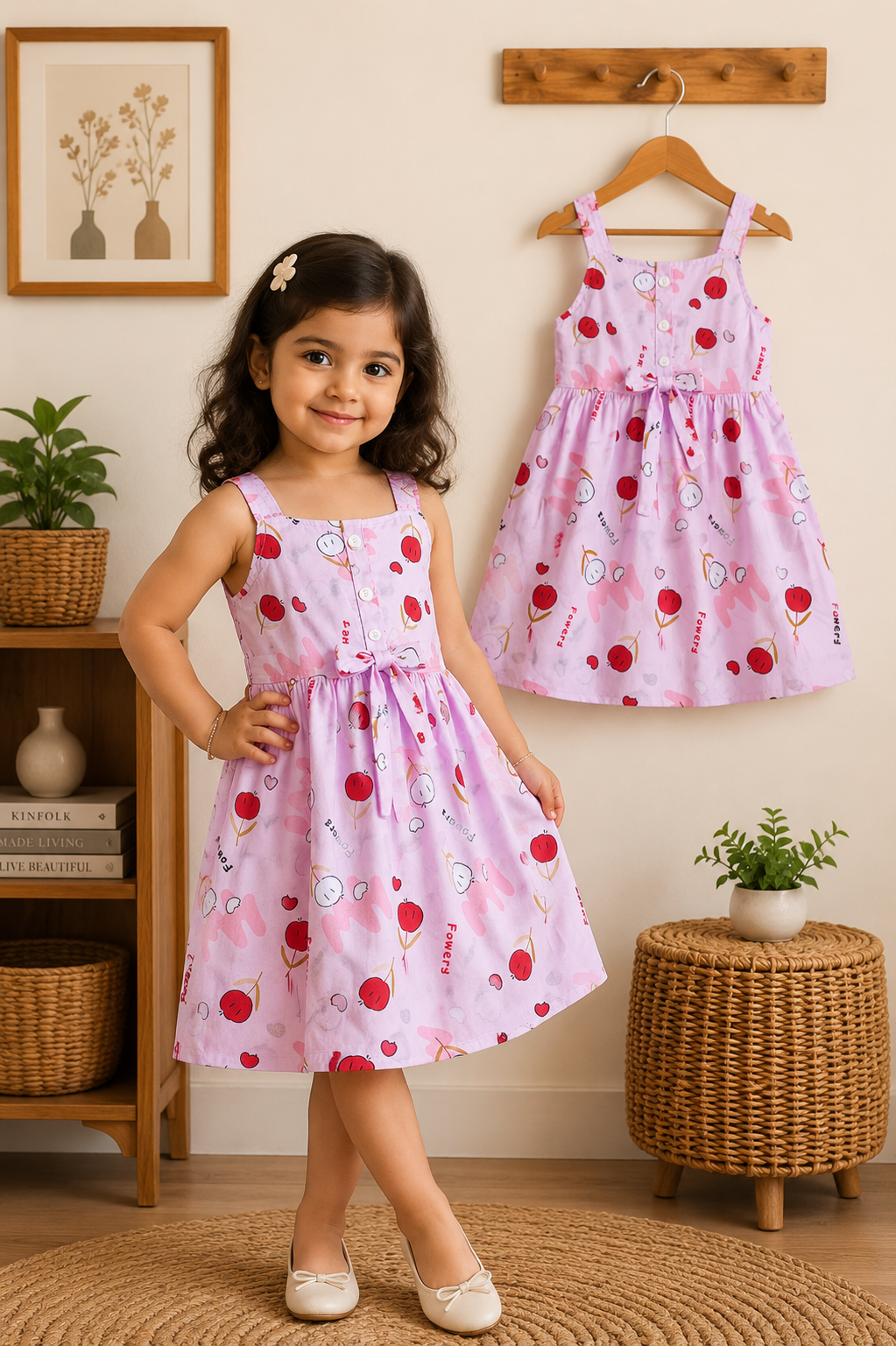 Girls Pink Printed Cotton Frock Dress with Bow Belt – Cute Party & Casual Wear