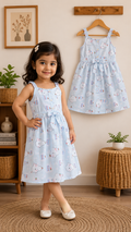 Girls Sky Blue Printed Frock Dress with Bow Belt – Cute Baby & Kids Dress