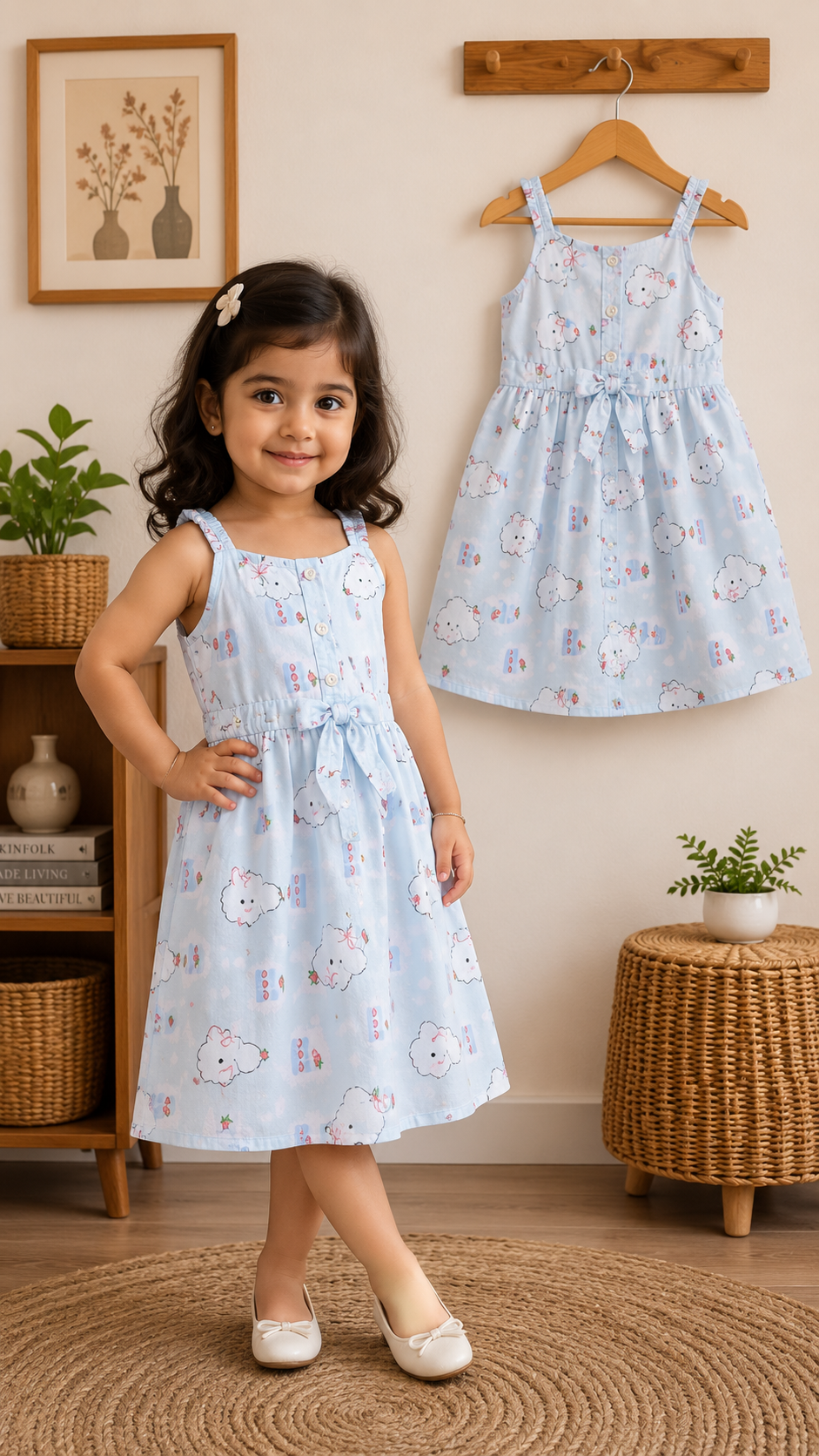 Girls Sky Blue Printed Frock Dress with Bow Belt – Cute Baby & Kids Dress