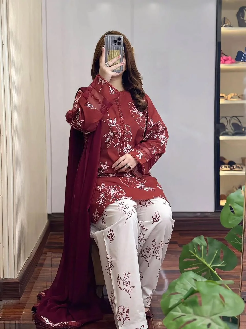 Premium Cotton Floral Printed 3 Piece Salwar Kameez Set for Women – Maroon