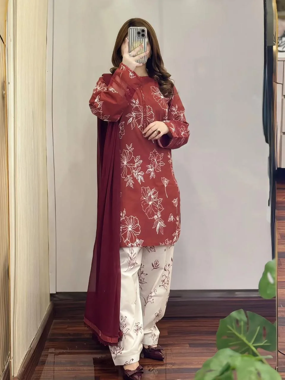 Premium Cotton Floral Printed 3 Piece Salwar Kameez Set for Women – Maroon