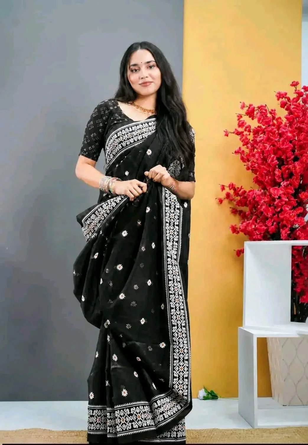 Half Silk Screen Print Saree - Black